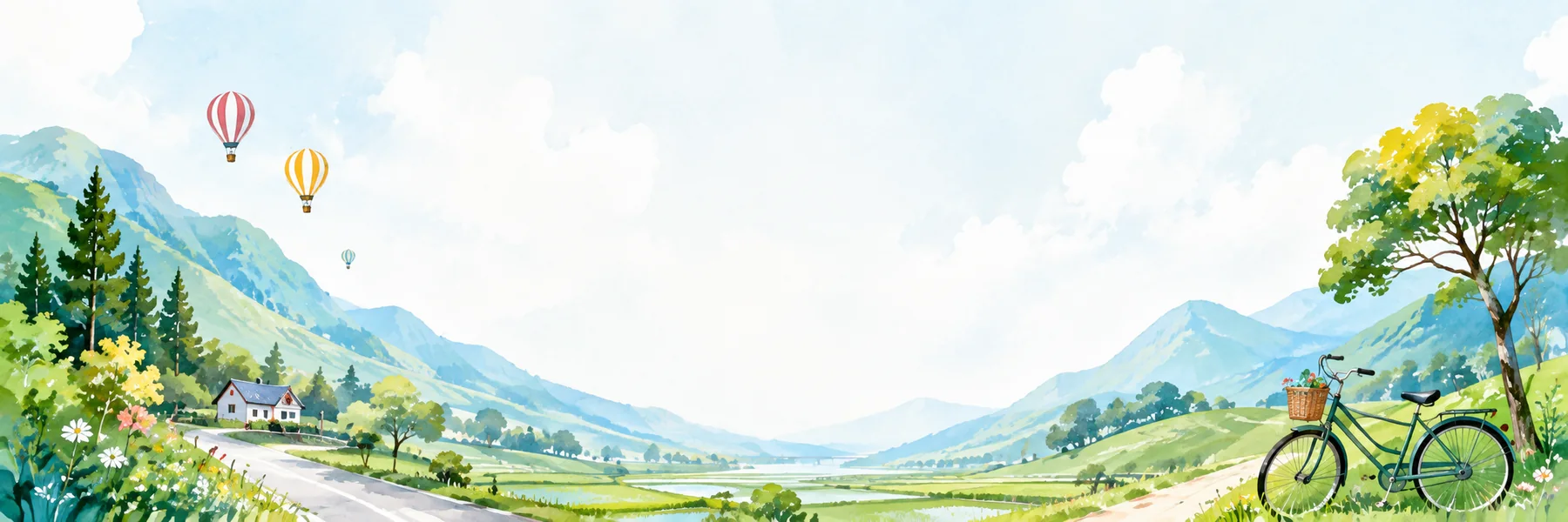 宜蘭山景、田野、熱氣球與自行車的水彩風景